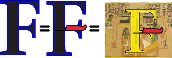 An illustration depicting the letter F as the upright staff of the scales of justice