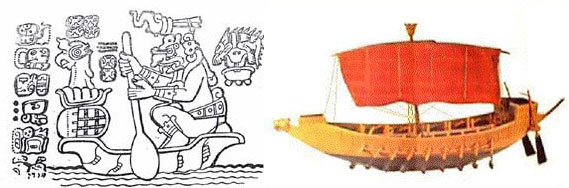 A paired image of Itzamna's arrival and the galleon of Rameses III