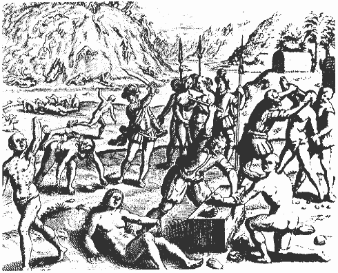 Image 4, a large mound of dead natives that the Christians chopped and cleaved just to test their swordsmanship.