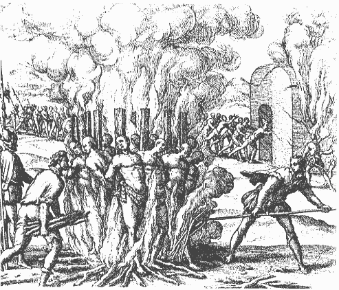 Image 7, an image of Christians torturing and burning native leaders tied to stakes because they didn't have enough gold to satisfy their greed.