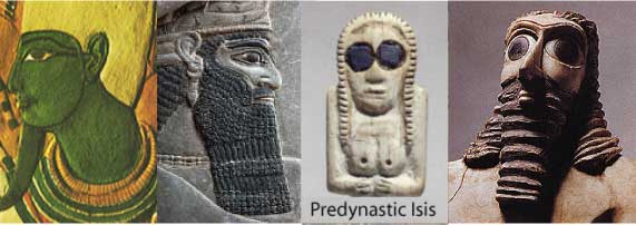 Assur, a Mesopotamian king, predynastic Isis, and a Sumerian king, all with accented eyes