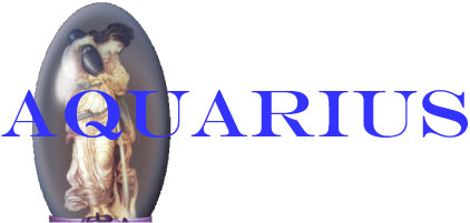 An Aquarian woman pouring water from a water jar with the name AQUARIUS across the illustration