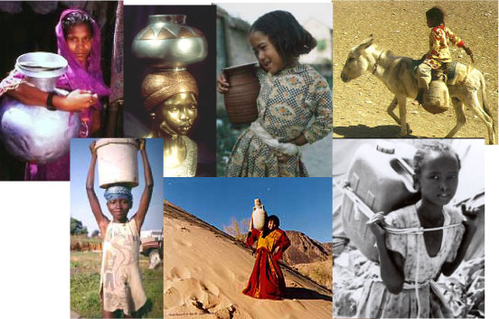An array of girls and women carrying water jars