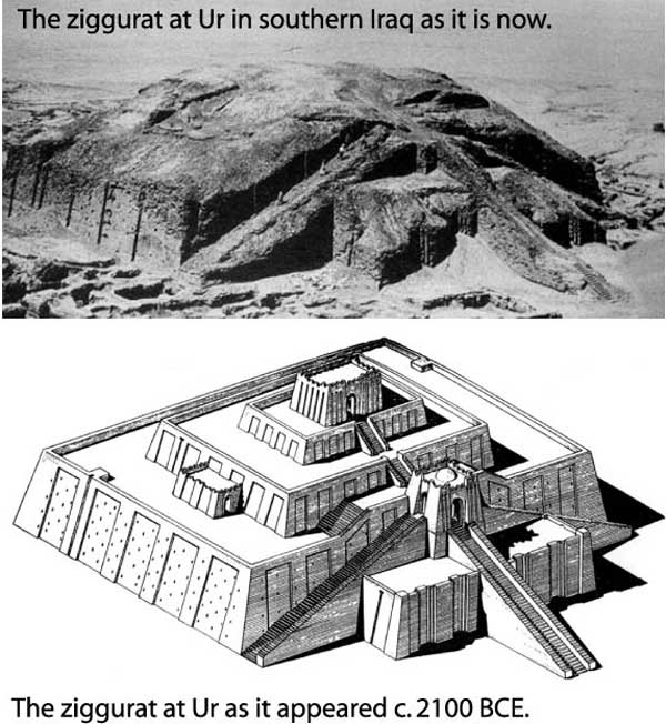 The Ziggurat at Ur in southern Iraq as it is now and as it appeared in 2100 BC.