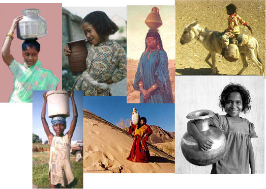 An array of girls and women carrying water jars