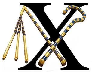 A letter X in large type with Assur's crook and flail.