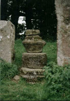 A stone 'female' figure at the entrance to a sacred grove.